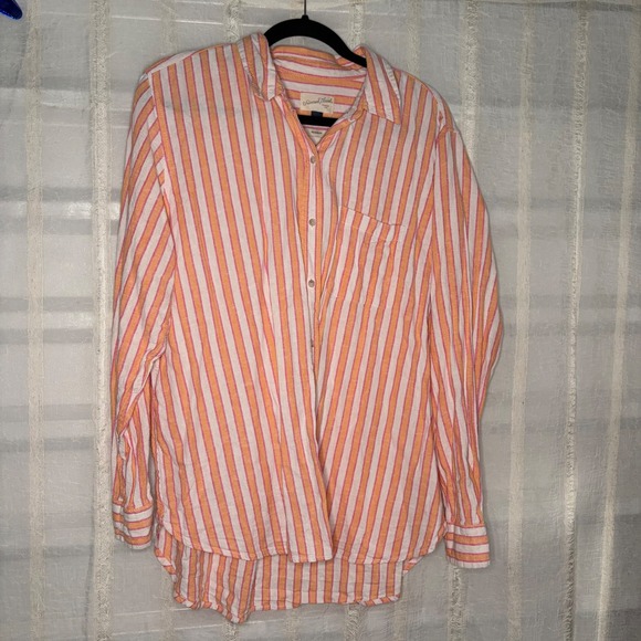 Universal Thread Striped Button Down Women L Orange Pink Excellent Linen Blend - Picture 4 of 6